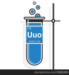 Ununoctium symbol on label in a blue test tube with holder. Element number 118 of the Periodic Table of the Elements - Chemistry