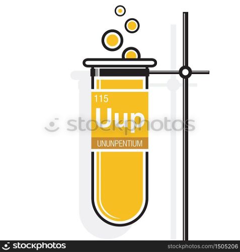 Ununpentium symbol on label in a yellow test tube with holder. Element number 115 of the Periodic Table of the Elements - Chemistry