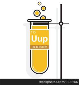 Ununpentium symbol on label in a yellow test tube with holder. Element number 115 of the Periodic Table of the Elements - Chemistry