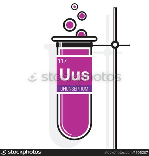 Ununseptium symbol on label in a magenta test tube with holder. Element number 117 of the Periodic Table of the Elements - Chemistry
