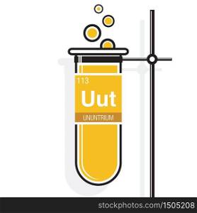 Ununtrium symbol on label in a yellow test tube with holder. Element number 113 of the Periodic Table of the Elements - Chemistry