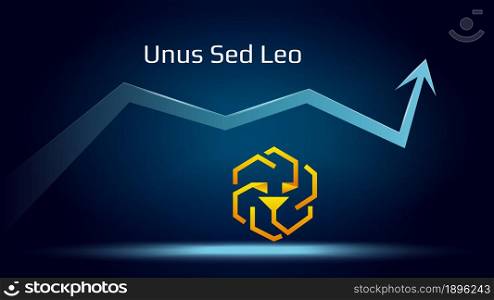 Unus Sed Leo in uptrend and price is rising. Cryptocurrency coin symbol and up arrow. Flies to the moon. Vector illustration.