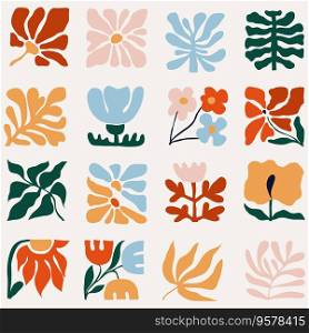 Unusual abstract shapes in modernist style. Set of square geometric tiles with plants, flowers and leaves inspired by impressionism
