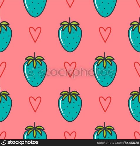 Unusual blue strawberry vector seamless pattern. Modern print with berries and hearts. Summer bright background. Template for packaging, textile, design. Unusual blue strawberry vector seamless pattern