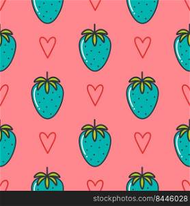 Unusual blue strawberry vector seamless pattern. Modern print with berries and hearts. Summer bright background. Template for packaging, textile, design. Unusual blue strawberry vector seamless pattern