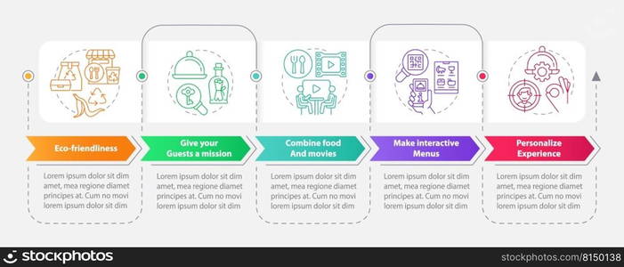 Unusual dining experiences rectangle infographic template. Data visualization with 5 steps. Editable timeline info chart. Workflow layout with line icons. Myriad Pro-Bold, Regular fonts used. Unusual dining experiences rectangle infographic template
