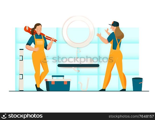 Unusual female profession concept with plumber symbols flat vector illustration