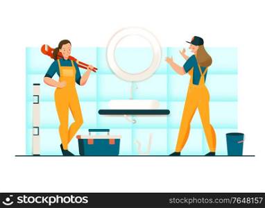Unusual female profession concept with plumber symbols flat vector illustration