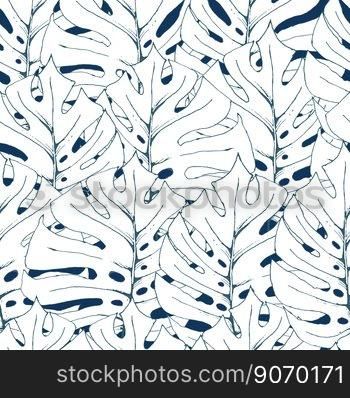 Unusual floral tropic desin seamless pattern. White monstera leaves on dark blue background.Textile design, wallpaper, fabric print. Vector illustration Eps8