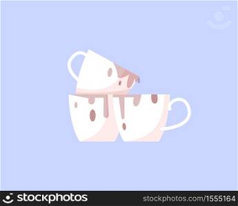 Unwashed cups semi flat RGB color vector illustration. Stack of dirty cups with coffee stains isolated cartoon objects on blue background. Caffeine addiction, laziness and bad hygiene. Unwashed cups semi flat RGB color vector illustration