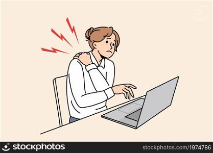 Unwell businesswoman sit at desk work on laptop suffer from neck pain overwhelmed with sedentary lifestyle. Unhealthy woman struggle with backache. Overwork. Flat vector illustration.. Unhealthy businesswoman suffer from backache working on computer