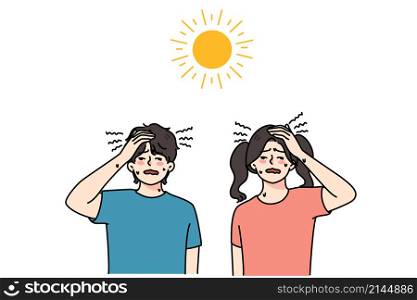 Unwell kids feel sweaty suffer from heatstroke have dizziness and headache. Unhealthy little children struggle with hot weather overwhelmed with sun. Health problem. Vector illustration. . Unhealthy children suffer from heatstroke