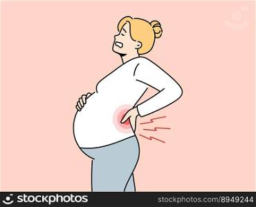 Unwell pregnant woman suffer from backache. Unhealthy exhausted female with big belly tired with pregnancy have pain at lower back. Vector illustration. . Tired pregnant woman suffer from backache 