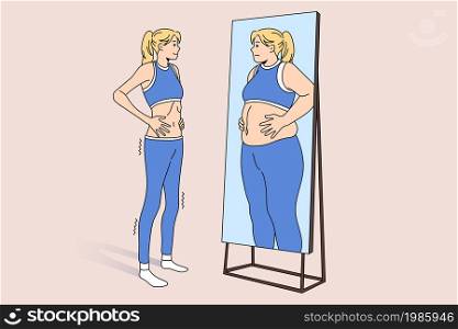 Unwell skinny girl look in mirror see fat obese reflection. Upset thin slim woman suffer from eating disorder. Female struggle with anorexia or bulimia. Mental health problem. Vector illustration.. Unhappy skinny girl look in mirror see fat reflection