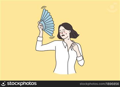 Unwell young woman feel overheated breathe fresh air wave with hand fan. Unhappy distressed girl use waver, lack conditioner or ventilation. Heatstroke, hormonal imbalance. Flat vector illustration.. Unwell woman wave with hand fan suffer from hot weather