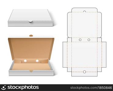 Unwrapped pizza box. Realistic 3d white cardboard fast food packaging mockup, open and closed view, container cutting packing scheme vector concept. Unwrapped pizza box. Realistic 3d white cardboard fast food packaging mockup, open and closed view, container cutting scheme. Vector concept