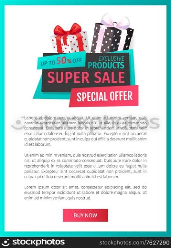 Up 50 percent reduction of price, discount label with presents web page template vector. Premium gifts with special offers. Exclusive products sellout. Up 50 Percent Reduction of Price, Discount Label