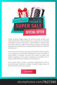 Up 50 percent reduction of price, discount label with presents web page template vector. Premium gifts with special offers. Exclusive products sellout. Up 50 Percent Reduction of Price, Discount Label