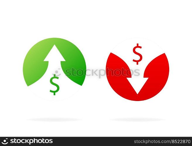 Up and down arrows. Red and Green icons. Illustration isolated on white background. Vector illustration with profit marks. Up and down arrows. Red and Green icons. Illustration isolated on white background. Vector illustration with profit marks.