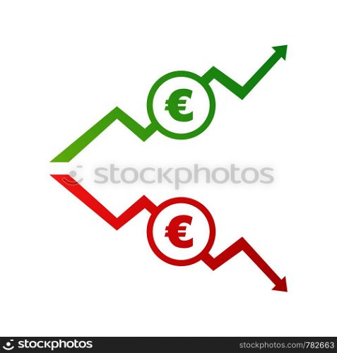 Up and Down arrows with Euro sign in flat icon design on white background. Vector stock illustration.