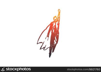 Up, business, success, start, businessman concept. Hand drawn businessman in coat like superhero concept sketch. Isolated vector illustration.. Up, business, success, start, businessman concept. Hand drawn isolated vector.
