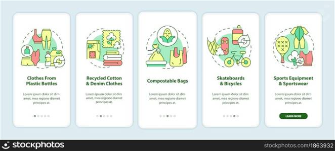 Upcycled materials onboarding mobile app page screen. Waste recycling walkthrough 5 steps graphic instructions with concepts. UI, UX, GUI vector template with linear color illustrations. Upcycled materials onboarding mobile app page screen