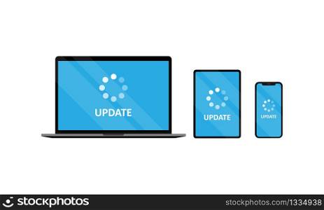 Update device set. Laptop tablet and smartphone with update. Vector EPS 10