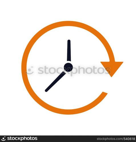 Update glyph color icon. Silhouette symbol on white background with no outline. Clockwise. Clock with circle arrow. Negative space. Vector illustration. Update glyph color icon