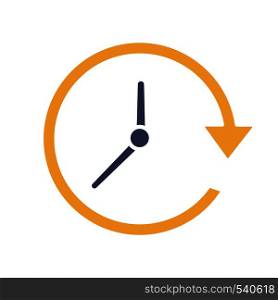 Update glyph color icon. Silhouette symbol on white background with no outline. Clockwise. Clock with circle arrow. Negative space. Vector illustration. Update glyph color icon