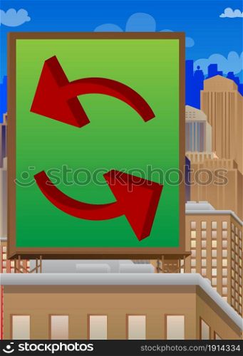 Update icon on a billboard sign atop a brick building. Outdoor advertising in the city. Large banner on roof top of a brick architecture.
