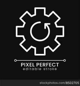 Update pixel perfect white linear icon for dark theme. Settings adjustment. Application version. Thin line illustration. Isolated symbol for night mode. Editable stroke. Poppins font used. Update pixel perfect white linear icon for dark theme