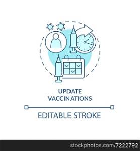 Update vaccinations blue concept icon. Annual checkup abstract idea thin line illustration. Disease prevention. Immunization. Covid vaccine. Vector isolated outline color drawing. Editable stroke. Update vaccinations blue concept icon