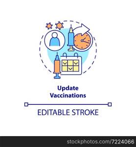 Update vaccinations concept icon. Annual checkup abstract idea thin line illustration. Disease prevention. Immunization. Covid vaccine updating. Vector isolated outline color drawing. Editable stroke. Update vaccinations concept icon
