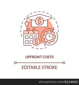 Upfront costs red concept icon. University higher education. College fee. Education assistance. Student debt. Bank loan abstract idea thin line illustration. Isolated outline drawing. Editable stroke. Upfront costs red concept icon