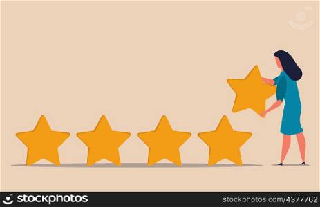 Upgrade rating and 5 stars feedback. Woman carries a gold star to appreciate the customer vector illustration. Best review and good experience work. People trust and user vote service achievement
