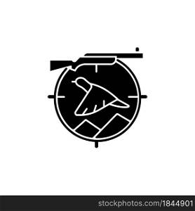 Upland hunting black glyph icon. Wingshooting. Terrestrial birds. Hunting with dogs. Pursue pheasant and grouse. Landfowl capturing. Silhouette symbol on white space. Vector isolated illustration. Upland hunting black glyph icon