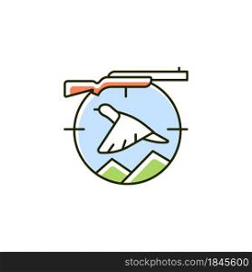 Upland hunting RGB color icon. Wingshooting. Terrestrial birds. Hunting with dogs. Pursue pheasant and grouse. Landfowl capturing. Isolated vector illustration. Simple filled line drawing. Upland hunting RGB color icon
