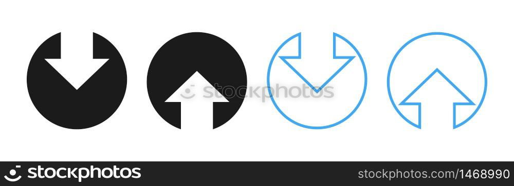 Upload and download cirle in different design. Upload and download circle with arrow. Backup icon. Storage symbol. Vector illustration