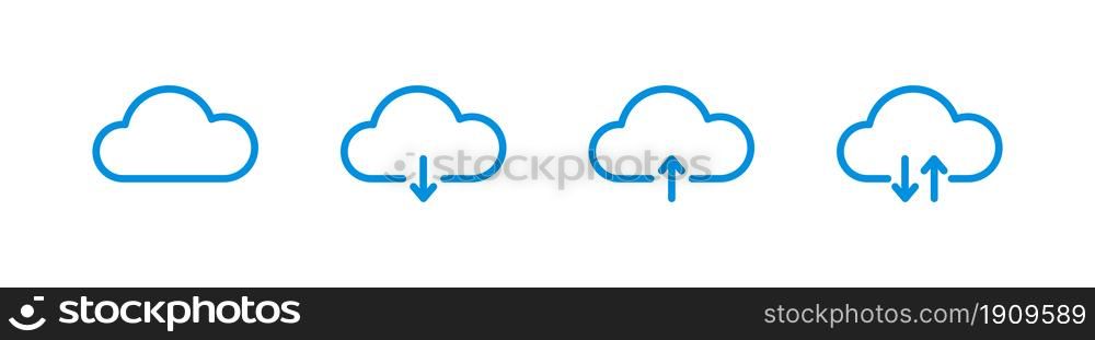Upload and download cloud icon set. Data storage. Vector linear illustration