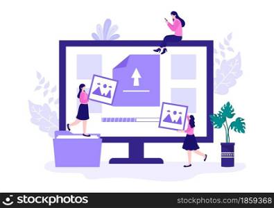 Upload Image Background of Online Devices Information and Data to Social Networks with Cloud Service or Loading Concept Vector Illustration