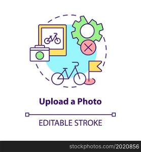 Upload photo concept icon. Bike sharing usage abstract idea thin line illustration. Taking picture about bicycle condition. Bike damages absence. Vector isolated outline color drawing. Editable stroke. Upload photo concept icon