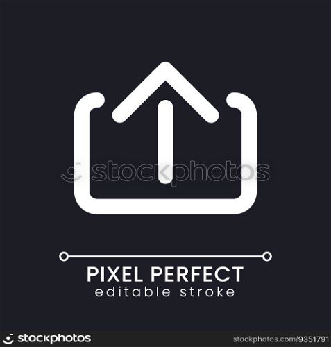Upload pixel perfect white linear ui icon for dark theme. Send file via messenger. Vector line pictogram. Isolated user interface symbol for night mode. Editable stroke. Poppins font used. Upload pixel perfect white linear ui icon for dark theme