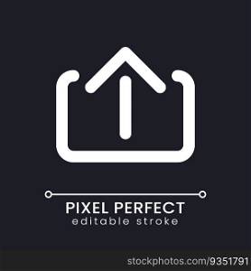 Upload pixel perfect white linear ui icon for dark theme. Send file via messenger. Vector line pictogram. Isolated user interface symbol for night mode. Editable stroke. Poppins font used. Upload pixel perfect white linear ui icon for dark theme