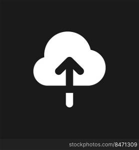 Upload to cloud dark mode glyph ui icon. Large files storage. Loading. User interface design. White silhouette symbol on black space. Solid pictogram for web, mobile. Vector isolated illustration. Upload to cloud dark mode glyph ui icon