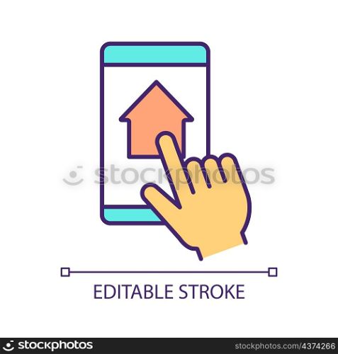 Upload to internet RGB color icon. Mobile application. Touchscreen. Hightech technology. Dialing. Isolated vector illustration. Simple filled line drawing. Editable stroke. Arial font used. Upload to internet RGB color icon