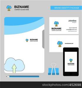Uploading on cloud Business Logo, File Cover Visiting Card and Mobile App Design. Vector Illustration