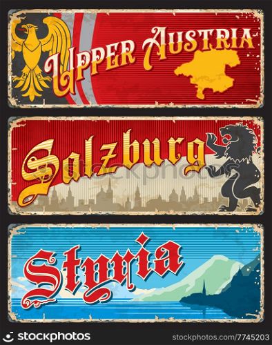 Upper Austria, Salzburg and Styria austrian regions plates or stickers, vector tin signs. Federal land metal plates with landmarks and region map or national emblems of Austria lands, luggage tags. Upper Austria, Salzburg and Styria regions plates