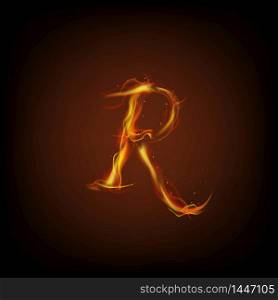 Uppercase initial letter R with blazing flame