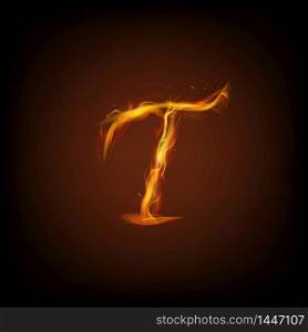 Uppercase initial letter T with blazing flame
