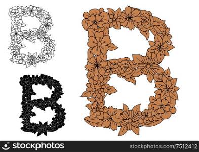 Uppercase letter B in an intricate floral design for a decorative typographical design element in three different color variations, isolated on white. Letter B in an intricate floral design